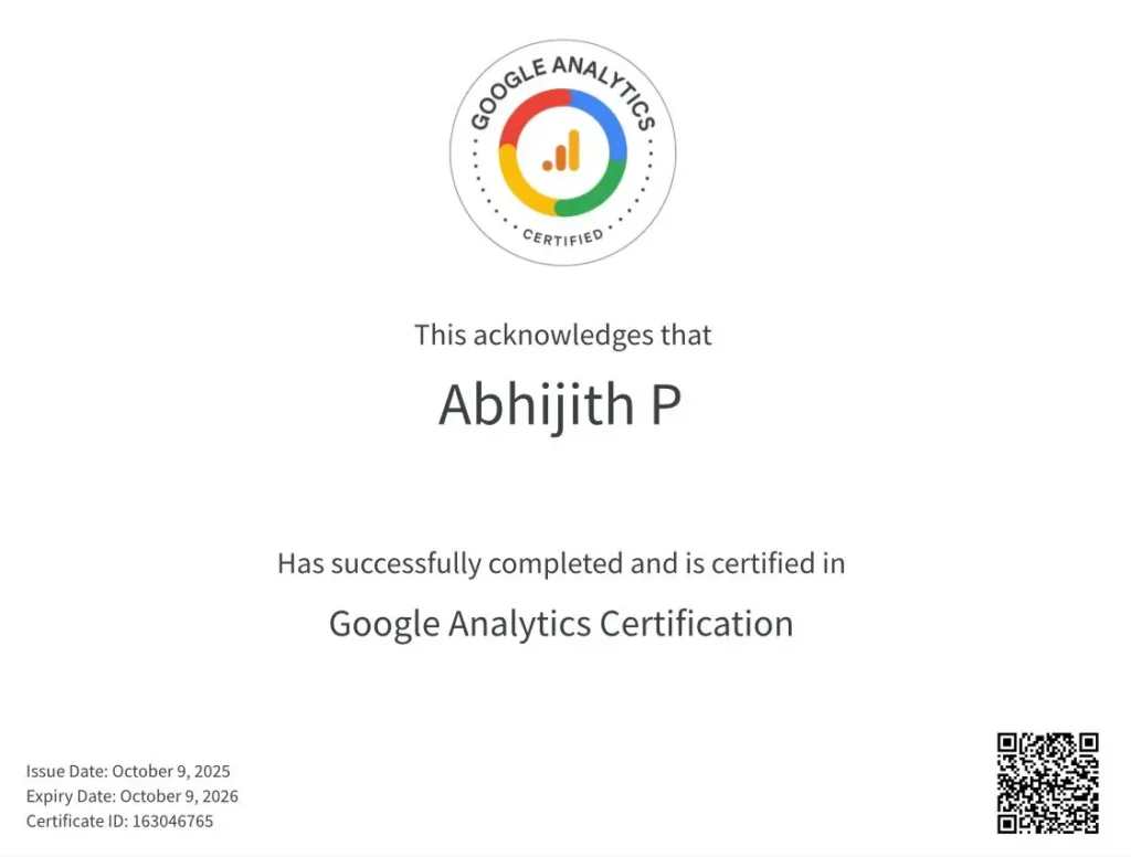 Certificate of google analytics , best digital marketing strategist in kasargod
