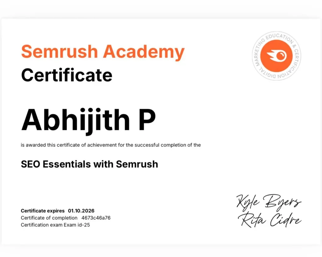Certificate of semrush ,best digital marketing strategist in kasargod