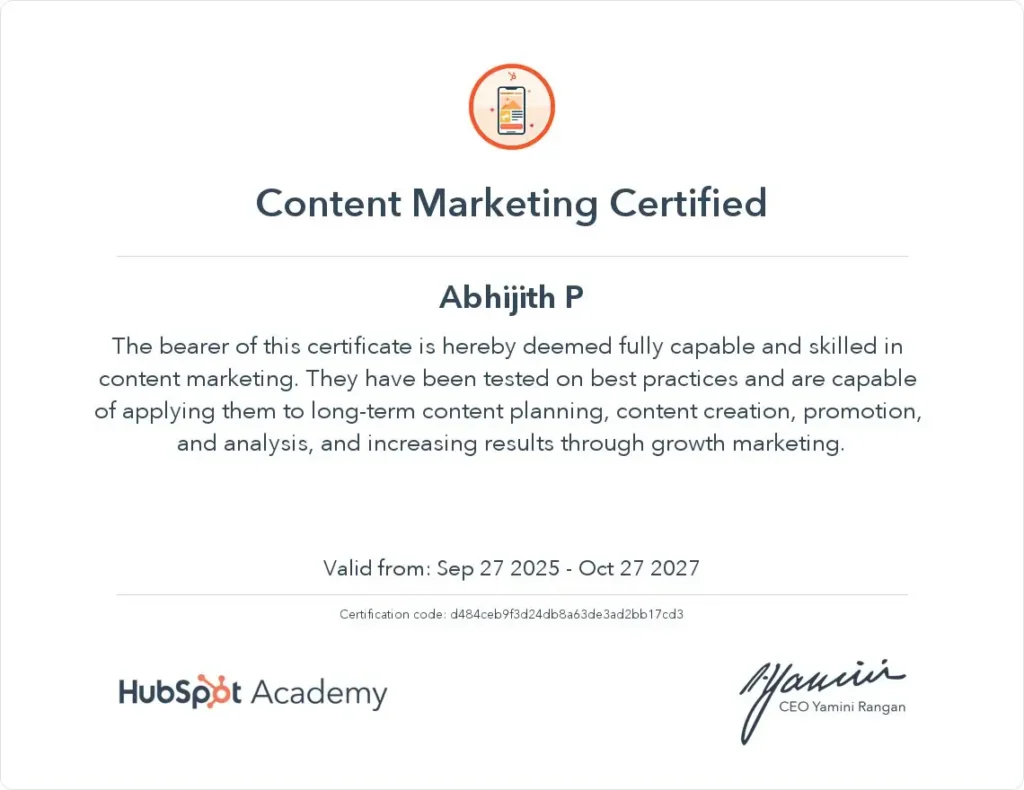 Certificate of content marketing,best digital marketing strategist in kasargod